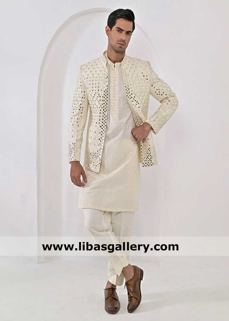 Cream Mirror embroidered Men Prince Coat