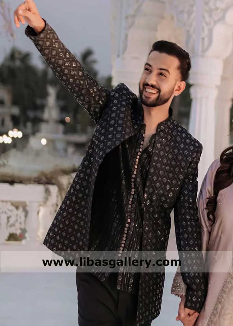 Gray Embroidered prince coat for Occasion
