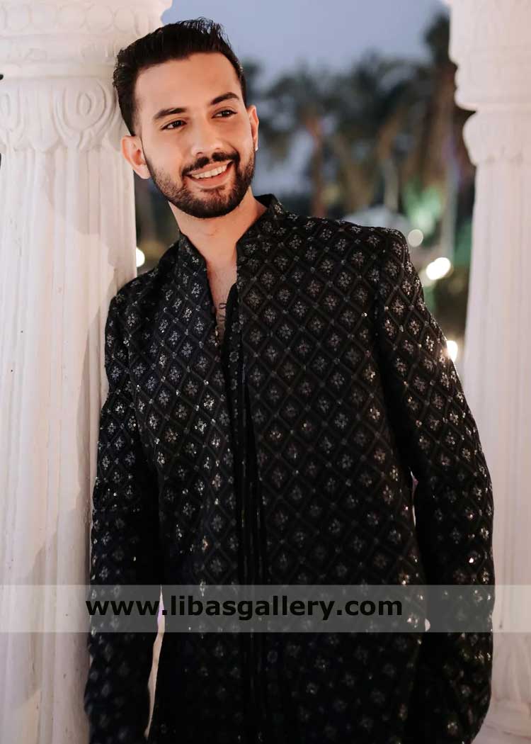 Gray Embroidered prince coat for Occasion