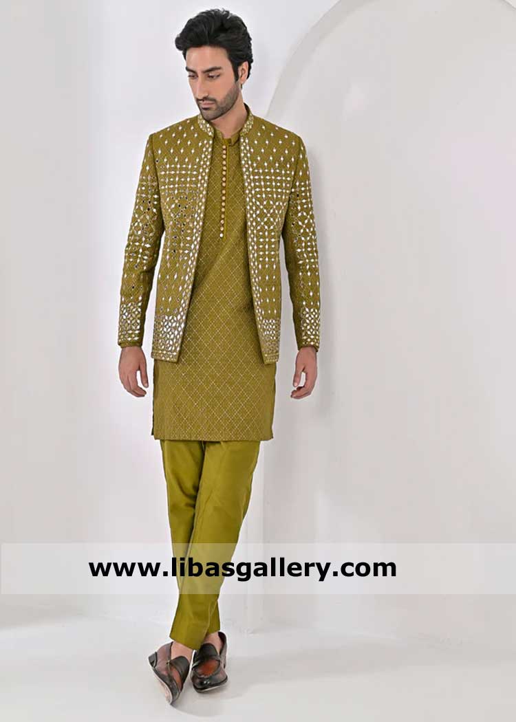 prince coat in Dhaani color for mehndi with mirror embroidery work, wedding prince coat light yellow green Cardiff Massachusetts Alberta Dubai prince coat in Dhaani color for mehndi with mirror embroidery work, wedding prince coat light yellow green Cardiff Massachusetts Alberta Dubai