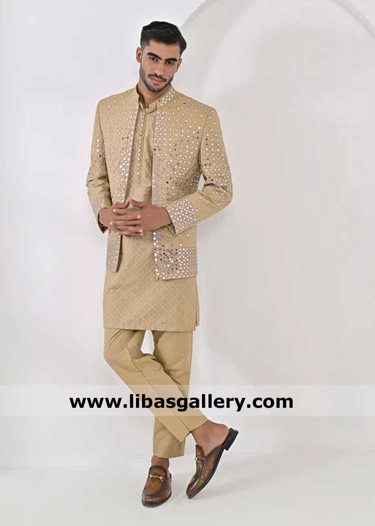Premium prince coat matte gold mirror work embroidered for groom, Wedding sheesha work prince coat Germany France UK USA Canada Norway Premium prince coat matte gold mirror work embroidered for groom, Wedding sheesha work prince coat Germany France UK USA Canada Norway