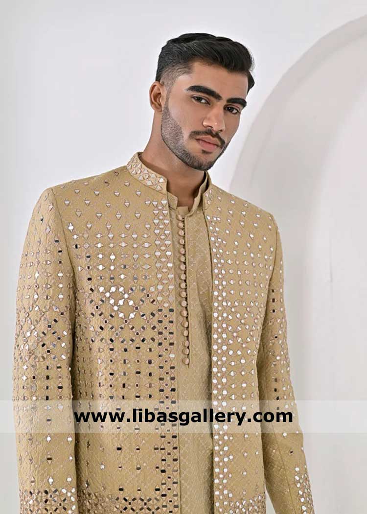 Matte Gold Mirror work Groom prince coat