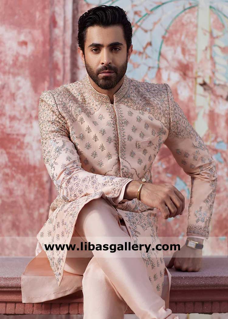 Peach Embroidered Groom Wedding Sherwani 