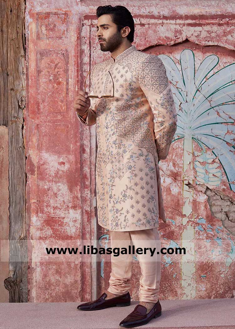 Peach Pakistani embroidered wedding sherwani, latest men sherwanis, groom sherwanis peach with inner UK USA Canada Dubai Australia