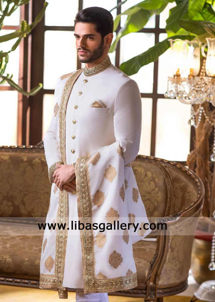 Groom Pearl White Nikah Sherwani with matte Gold Embroidery