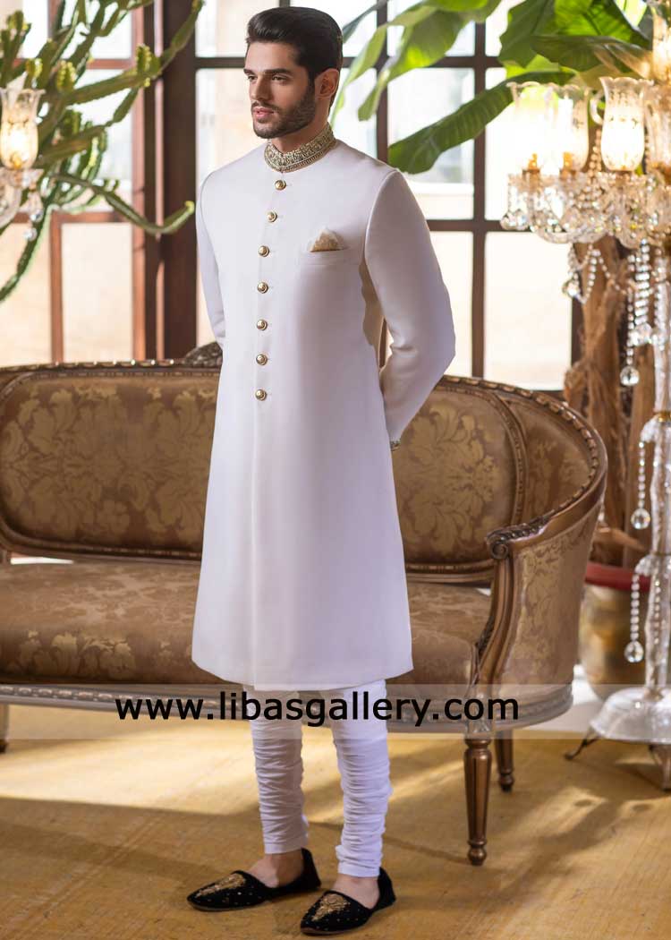 Groom Pearl White Nikah Sherwani with matte Gold Embroidery