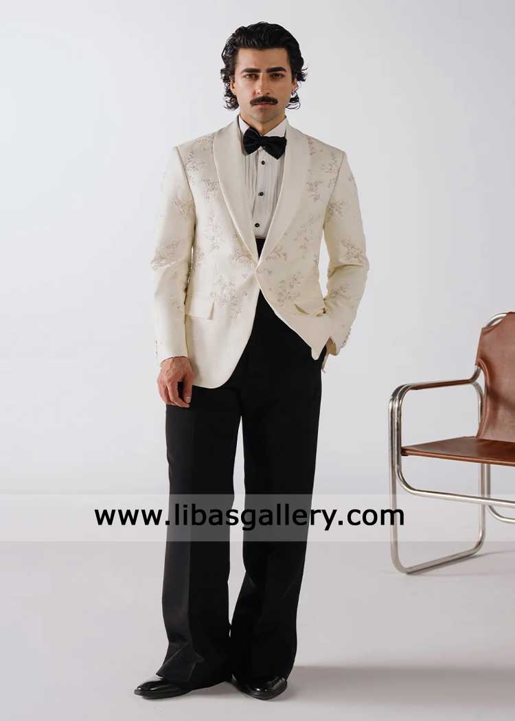 pearl white luxury floral embroidered tuxedo suit