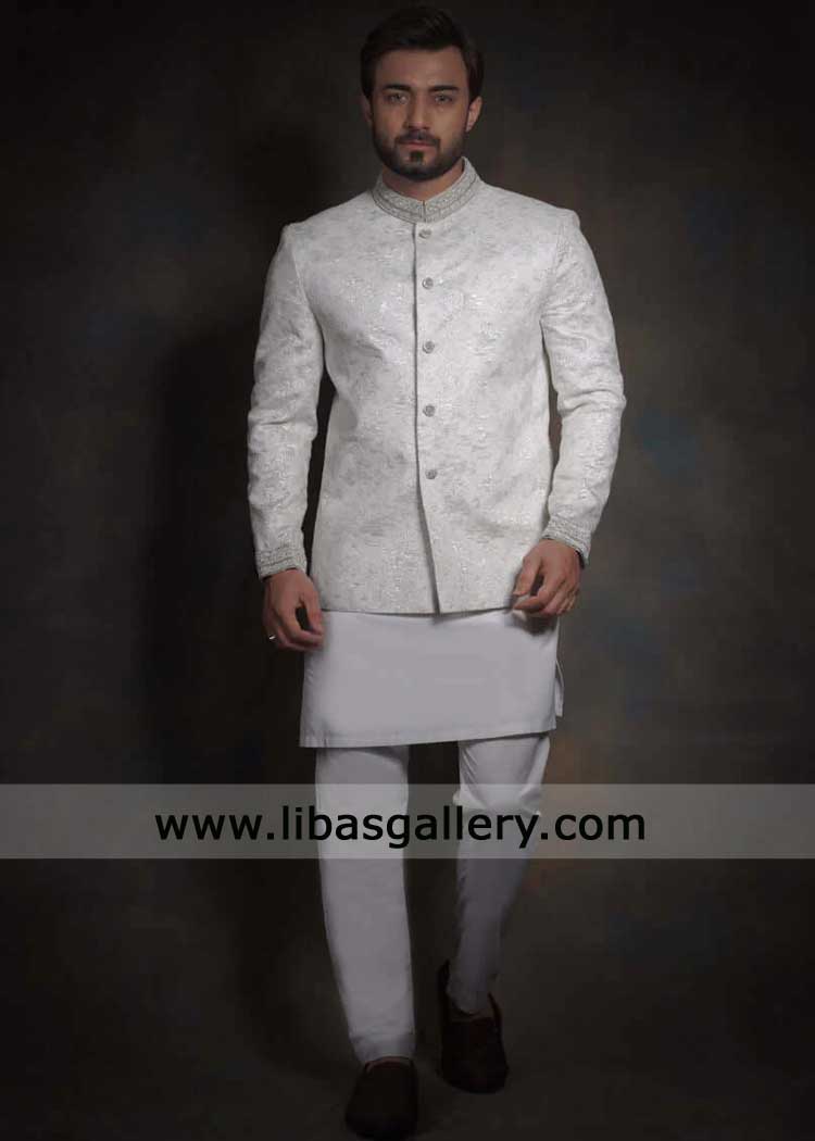 Pearl white and Silver prince jacket for Groom 