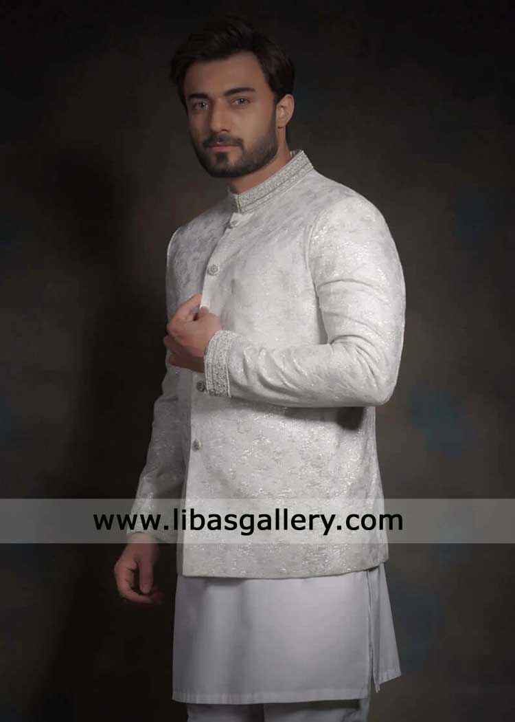 Pearl white and Silver prince jacket for Groom 