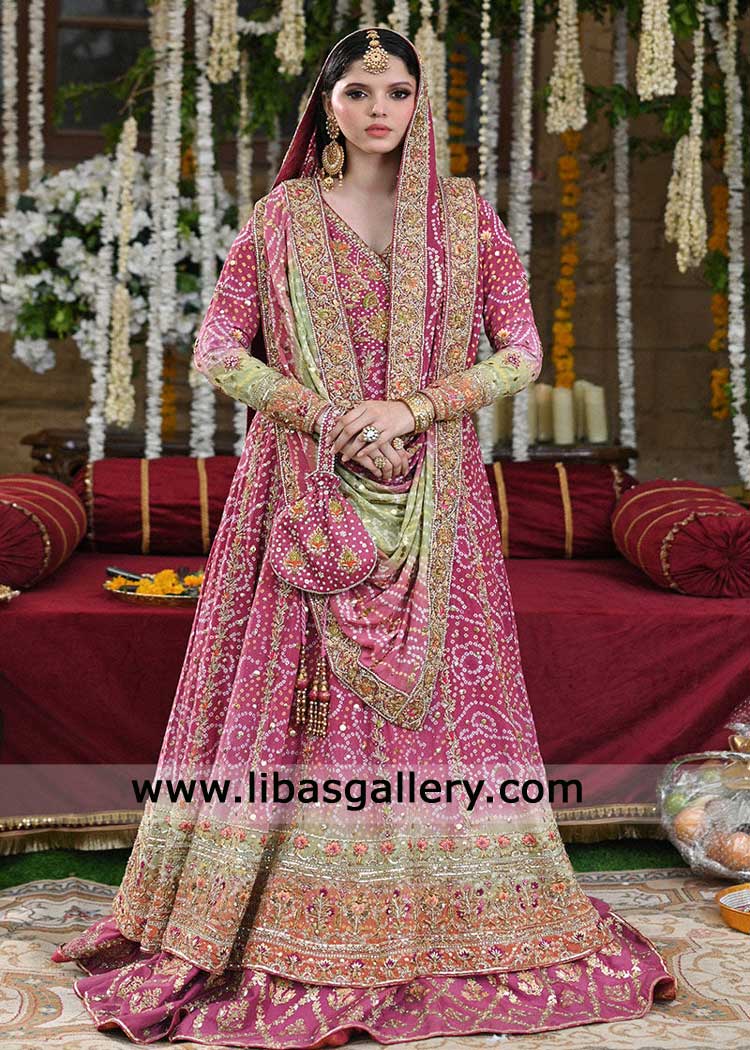 Pink Chunri Angrakha Kalidar Frock for Mehndi Bride