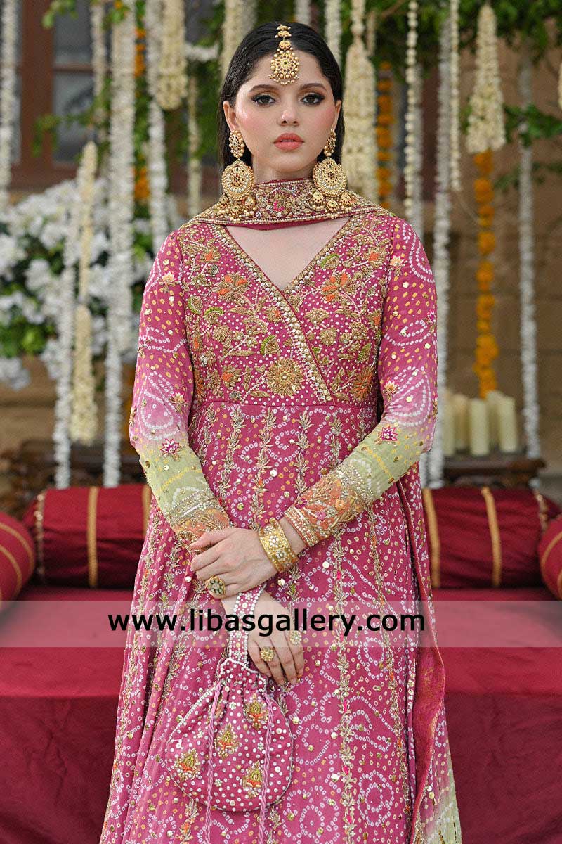 Pink Chunri Angrakha Kalidar Frock for Mehndi Bride