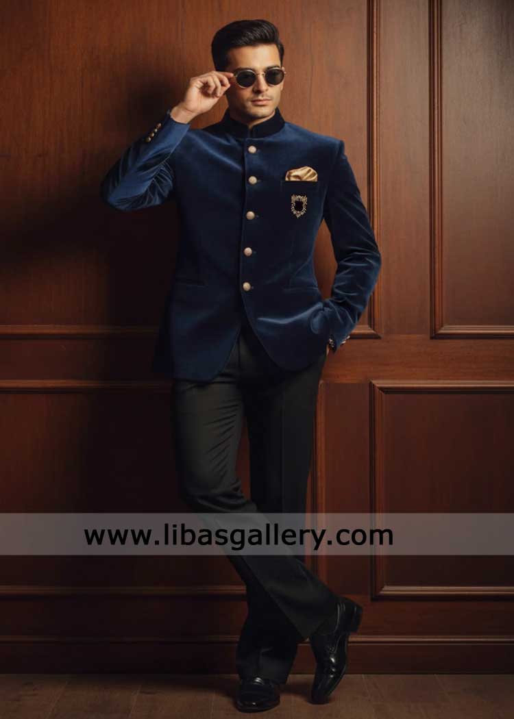 Premium Navy Blue Velvet prince coat with pants