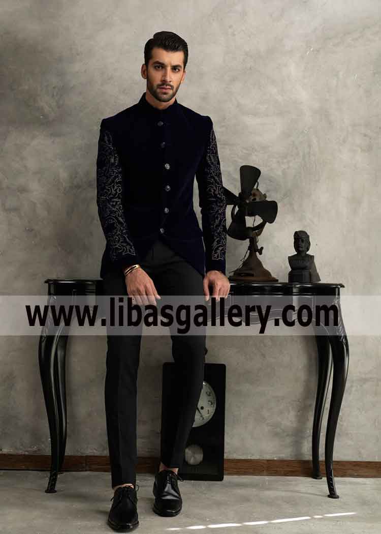 Navy Blue sleeves embroidered velvet prince coat for men
