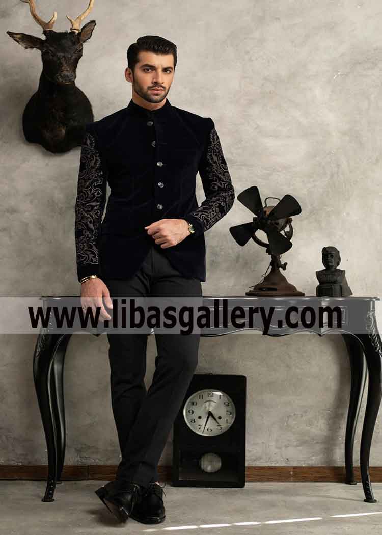 Navy Blue sleeves embroidered velvet prince coat for men