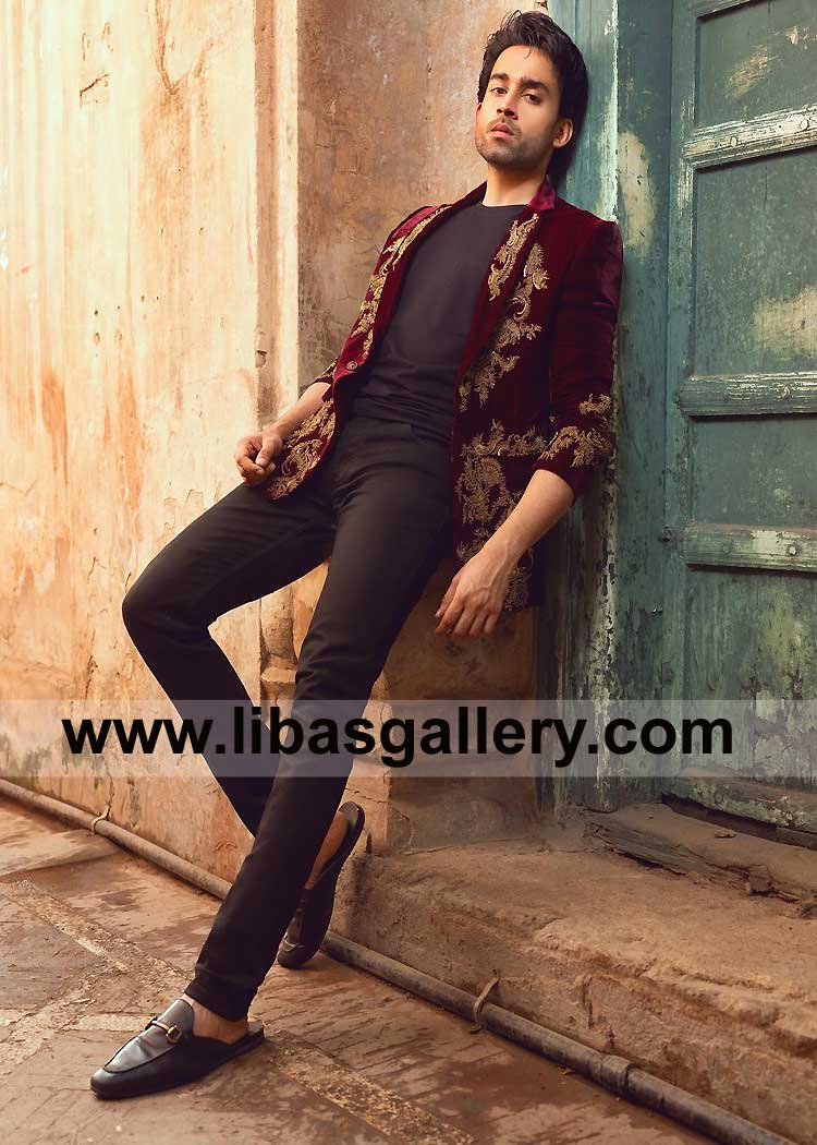 Burgundy Men Prince Coat with Antique Gold Hand Embellishment