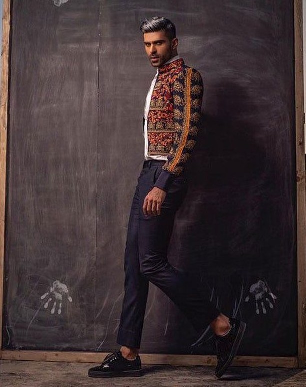 Blue Gold Embroidered Raw Silk Men Jacket