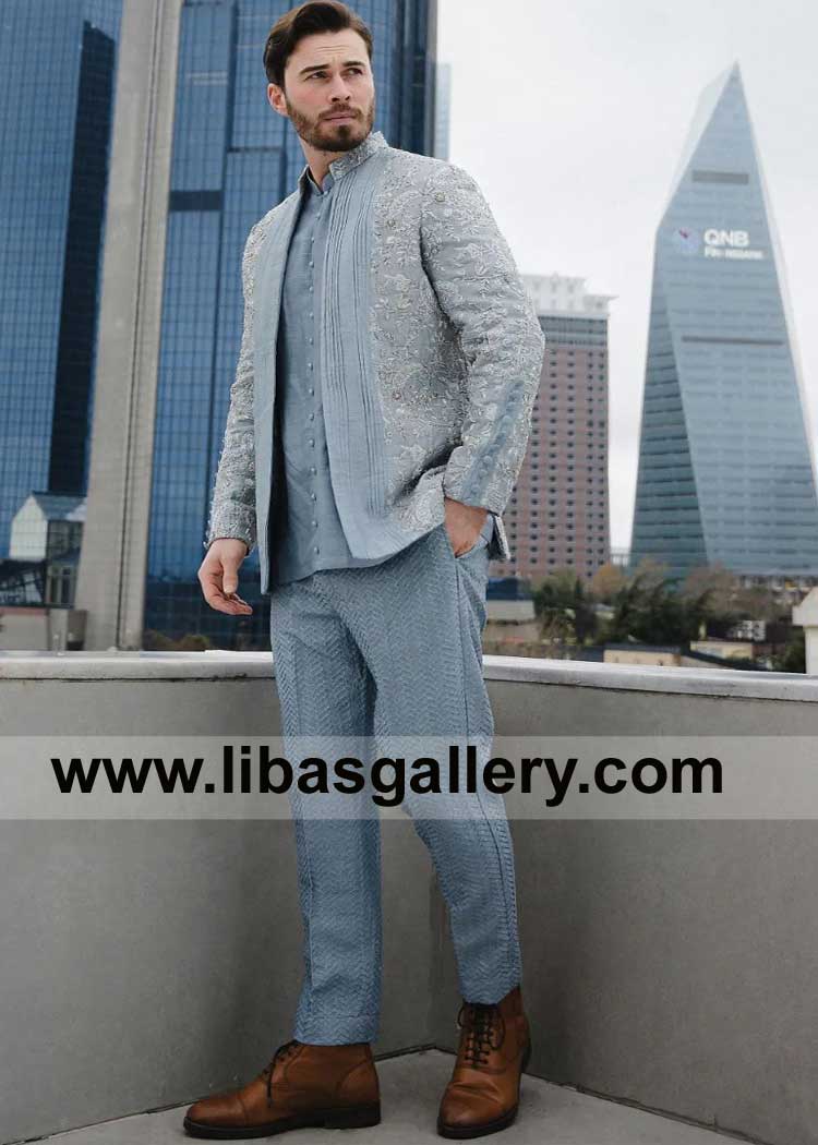 Ice Blue Awesome Embellished Men Prince Coat Style