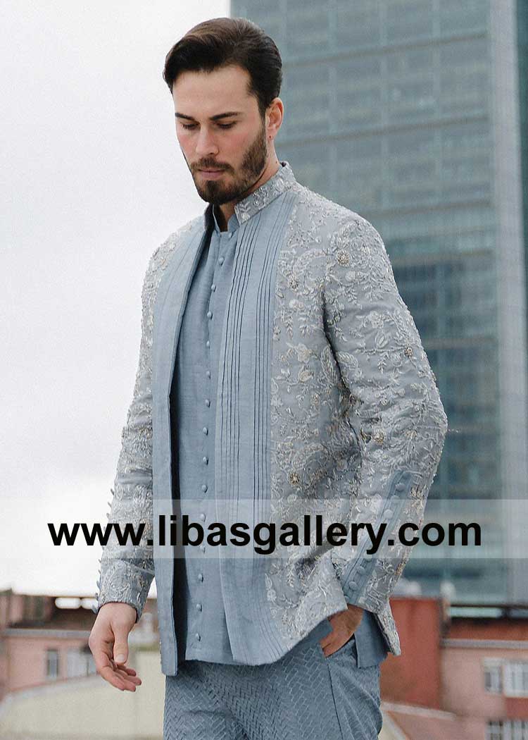 Ice Blue Awesome Embellished Men Prince Coat Style