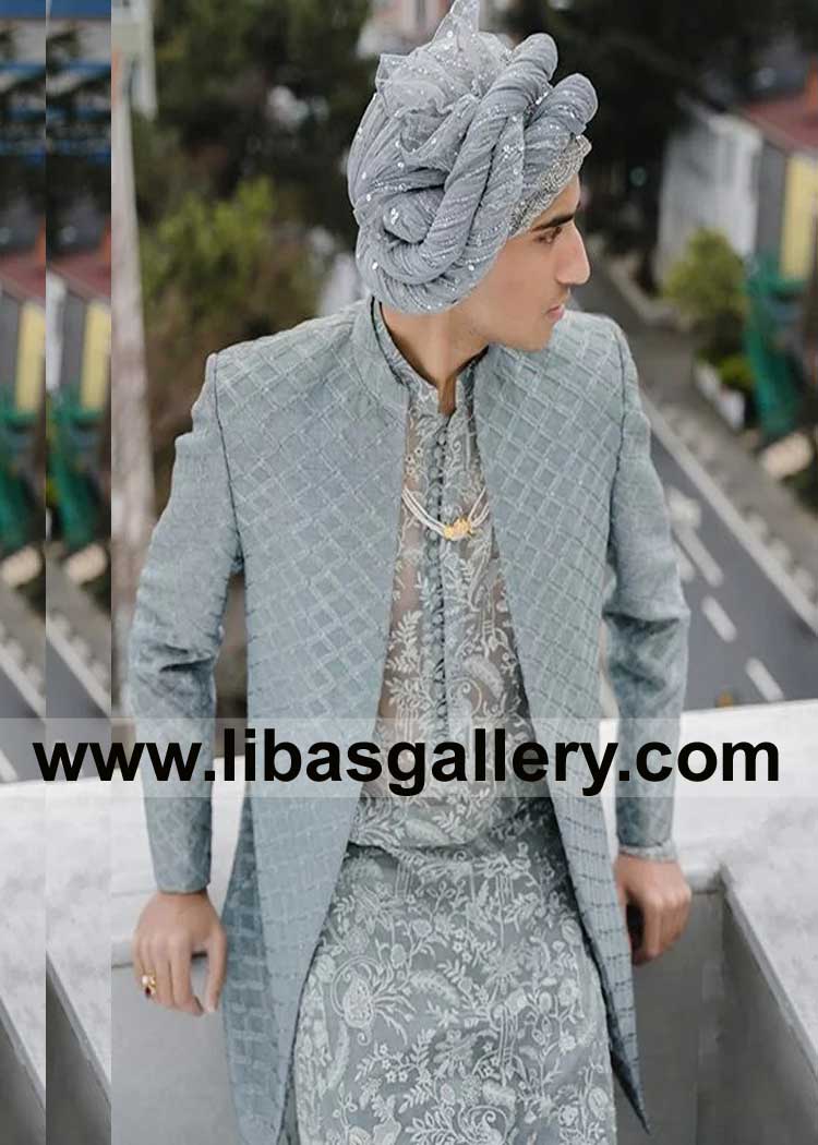 Ice blue prince coat crafted in self textured fabric