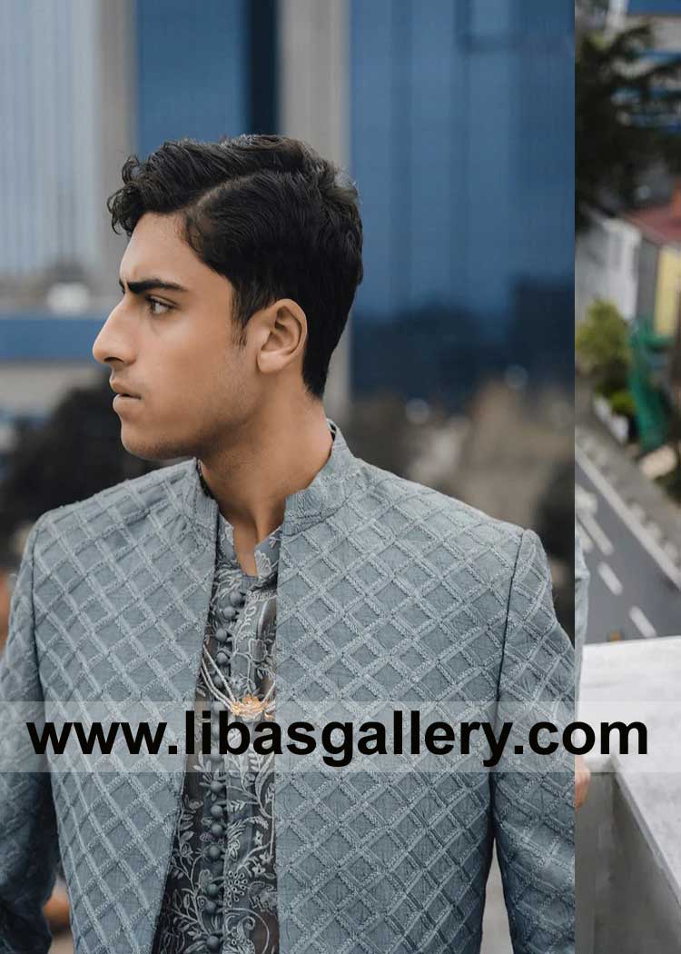 Ice blue prince coat crafted in self textured fabric