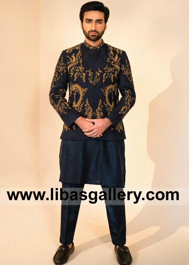 Mid night Blue Prince Coat with exquisite oxidized antique gold work