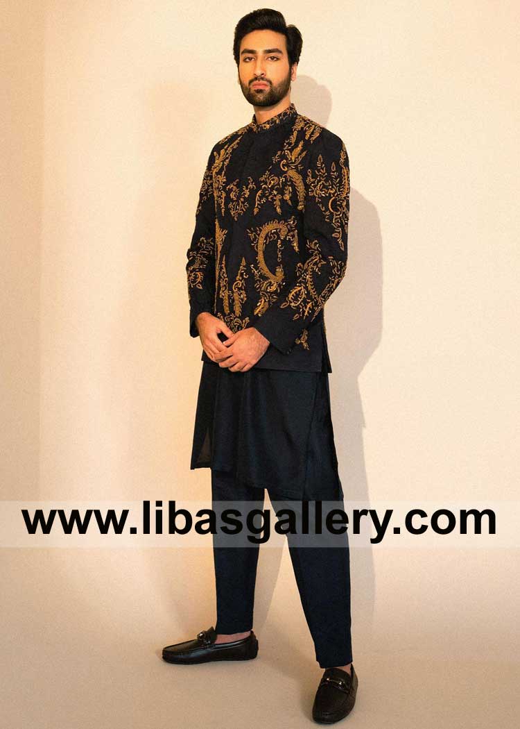 Mid night Blue Prince Coat with exquisite oxidized antique gold work