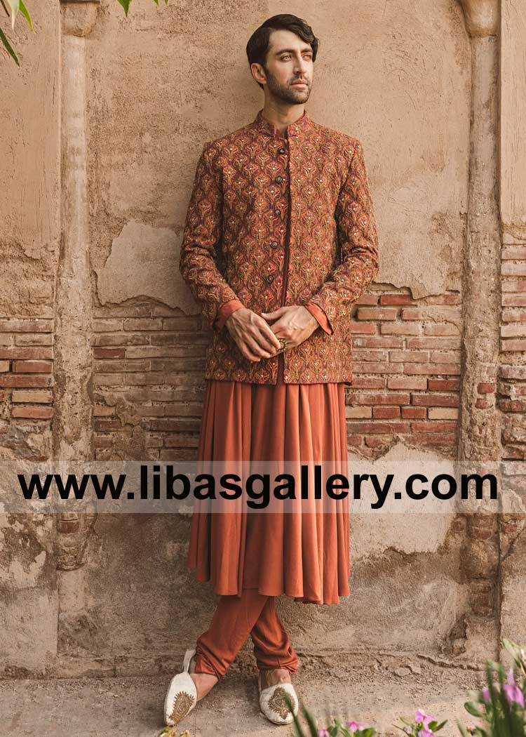 Timeless Romance in this exquisitely embroidered Rust wedding Prince Coat