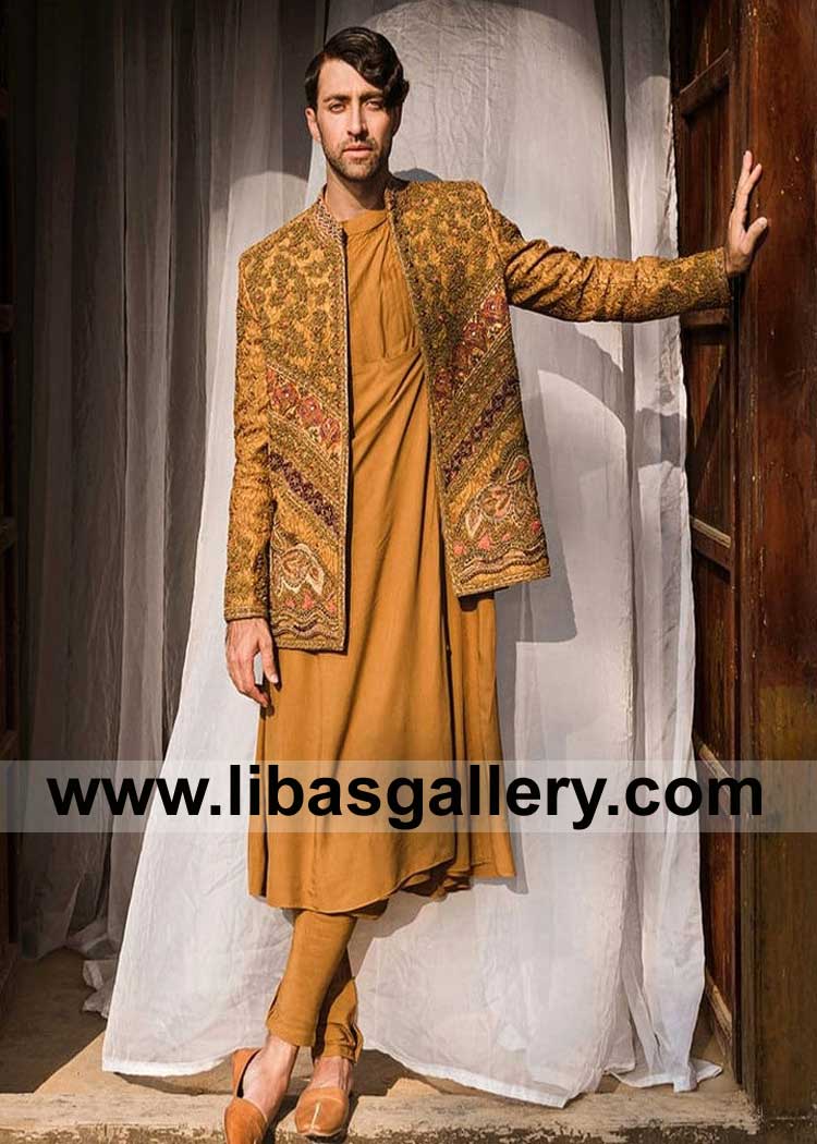Mustard Prince Coat for Groom full hand embroidered