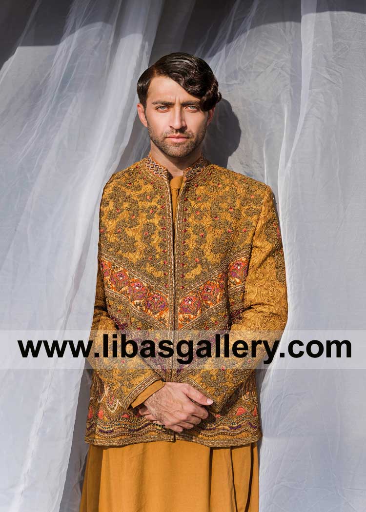 Mustard Prince Coat for Groom full hand embroidered