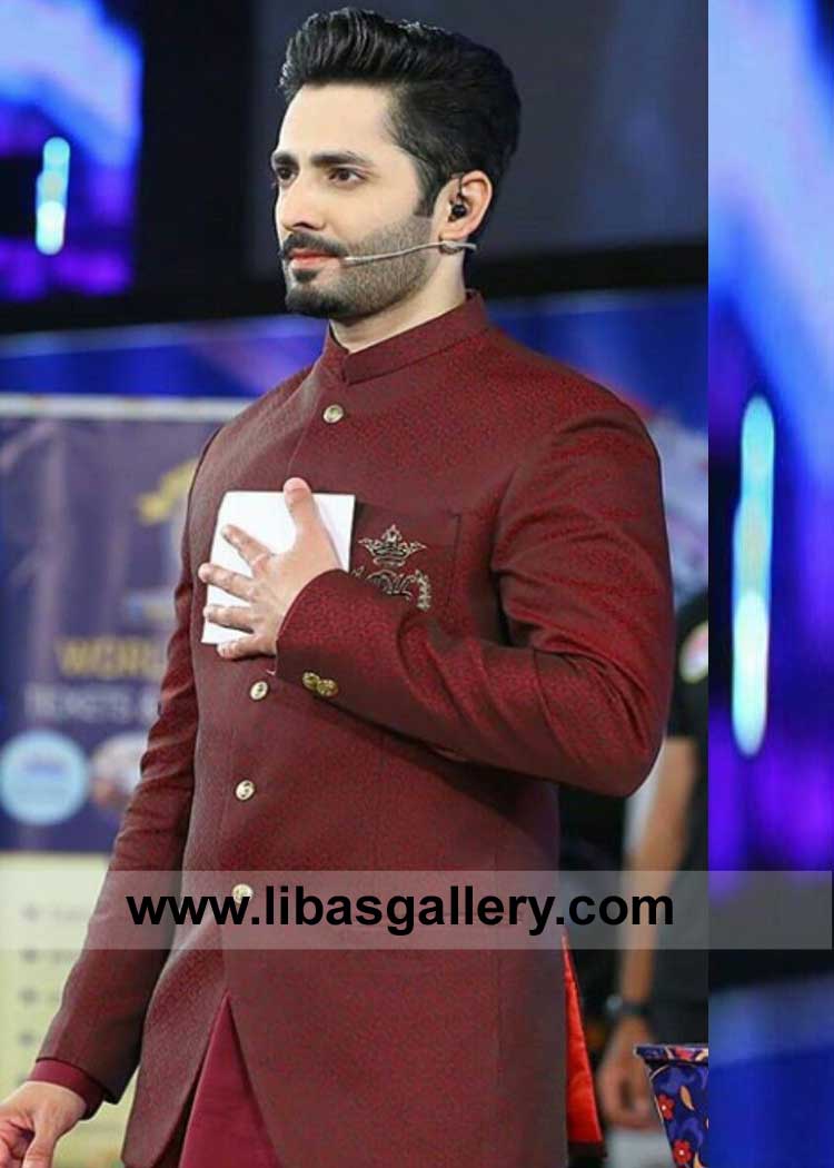 Maroon Men prince Coat Style in Jamawar Self Design