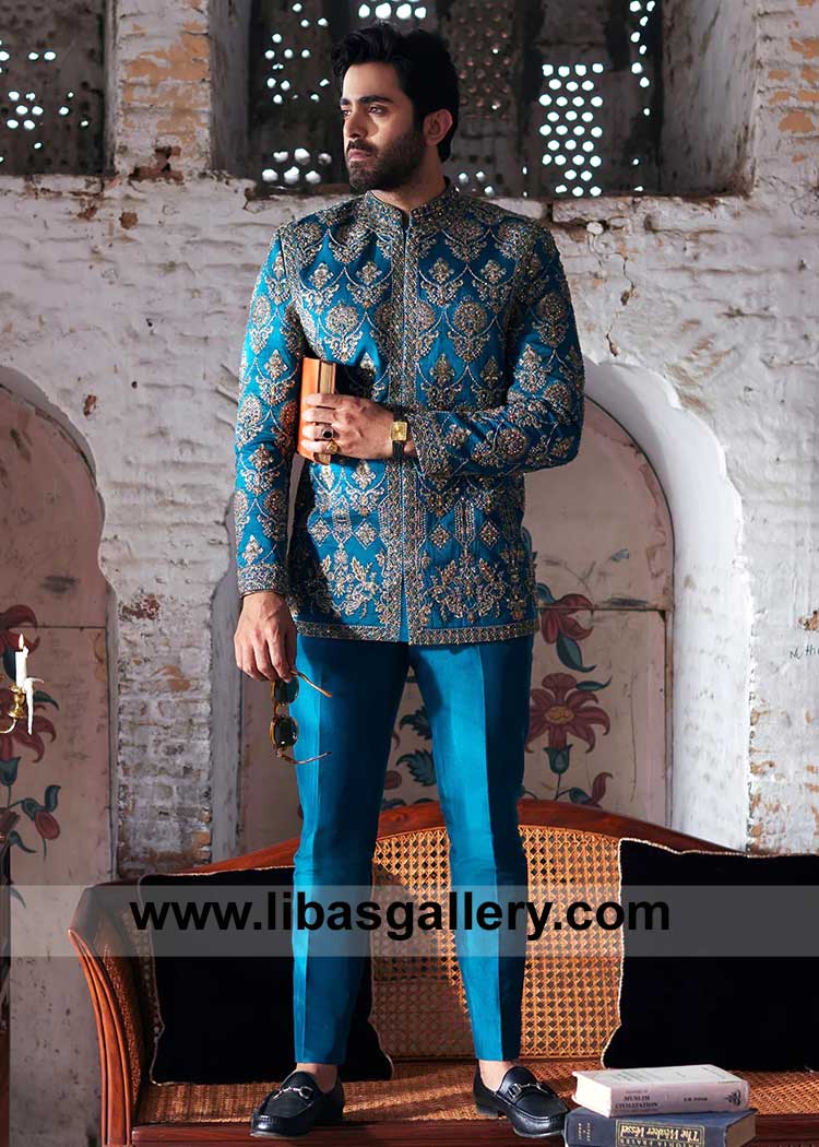 Teal Prince coat with gold embellishment for Men Engagement and Occasions