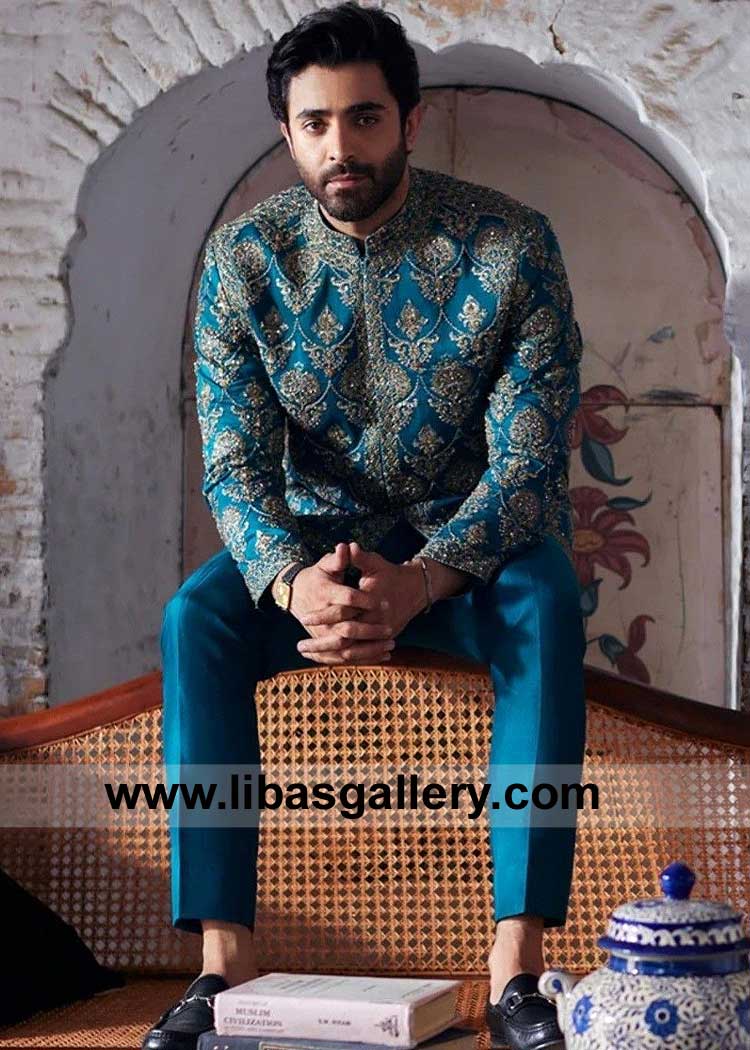 Teal Prince coat with gold embellishment for Men Engagement and Occasions