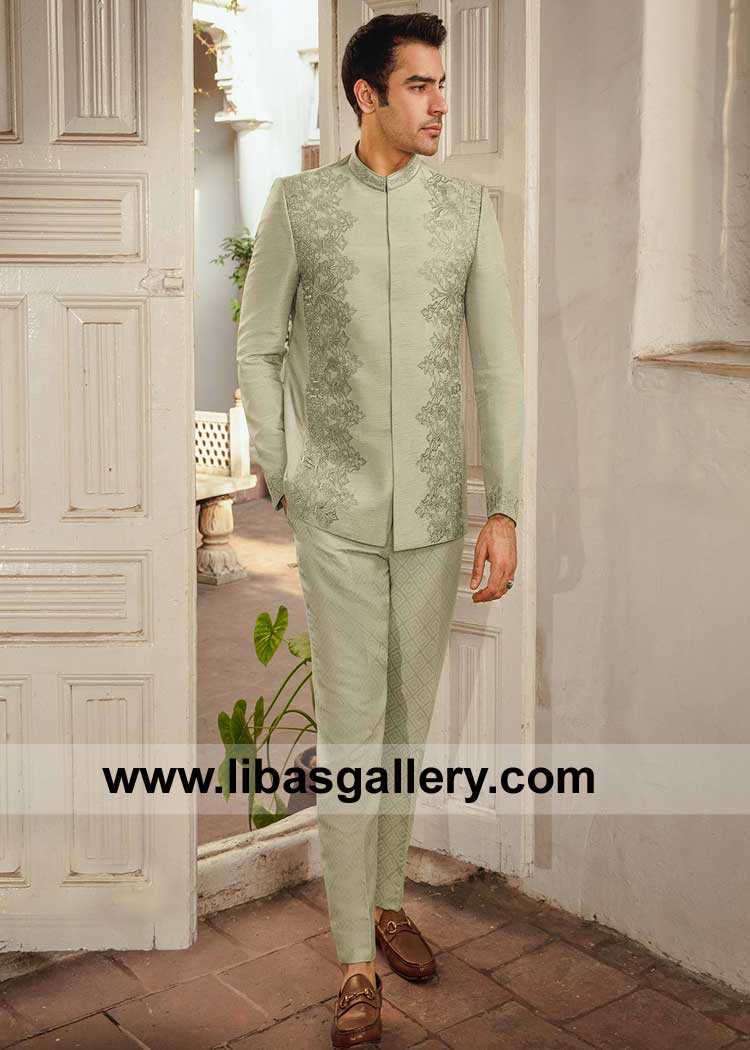Pistachio green prince coat is lavishly embroidered for Modern Glamour inspired Man