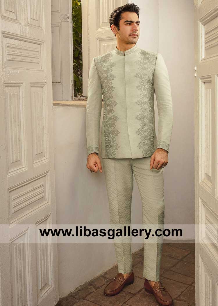 Pistachio green prince coat is lavishly embroidered for Modern Glamour inspired Man
