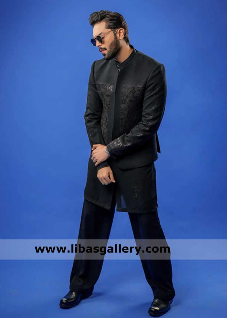 Black embroidered Prince coat for weddings Occasions