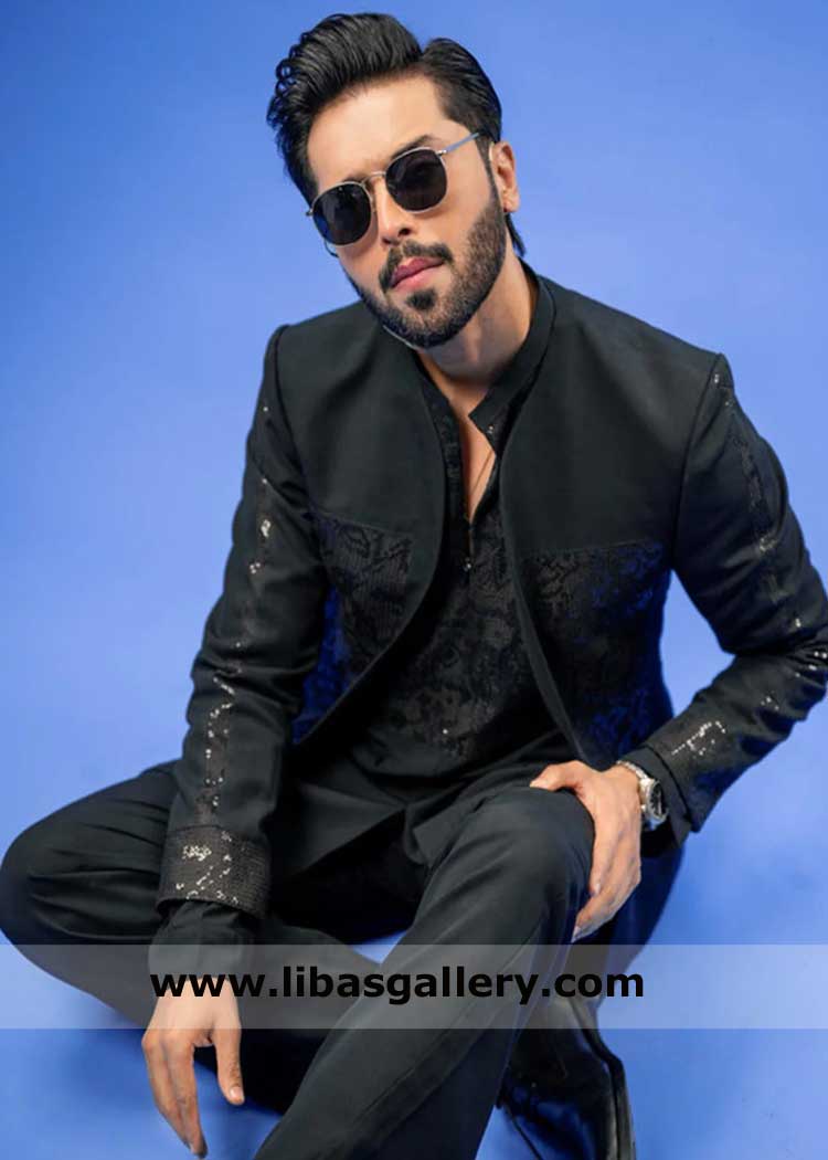 Black embroidered Prince coat for weddings Occasions