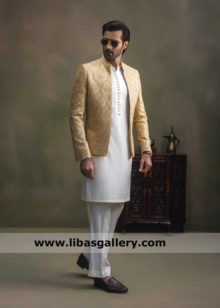 Premium Self Jamawar Beige Open prince Coat