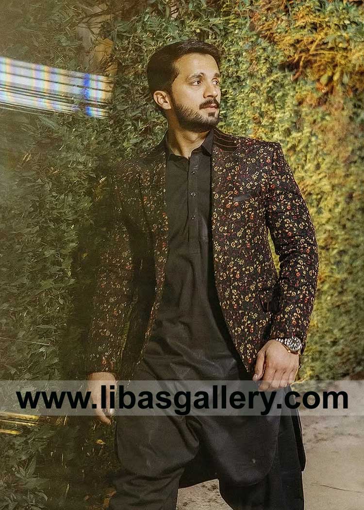 Multi embroidered jacket with black shalwar kameez