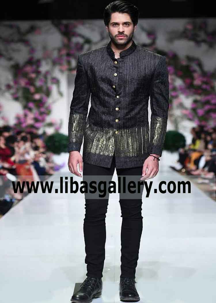 Black jamawar prince coat sherwani for wedding