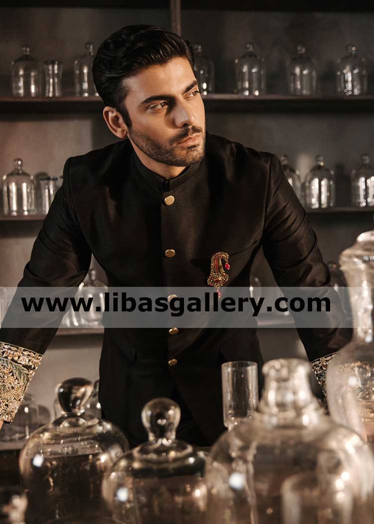 Elegant menswear patent black slim fit groom prince suit