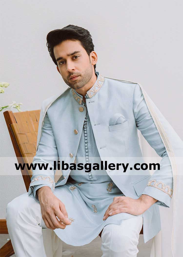 Ice Blue groom prince coat series fabric ball buttons inner kurta