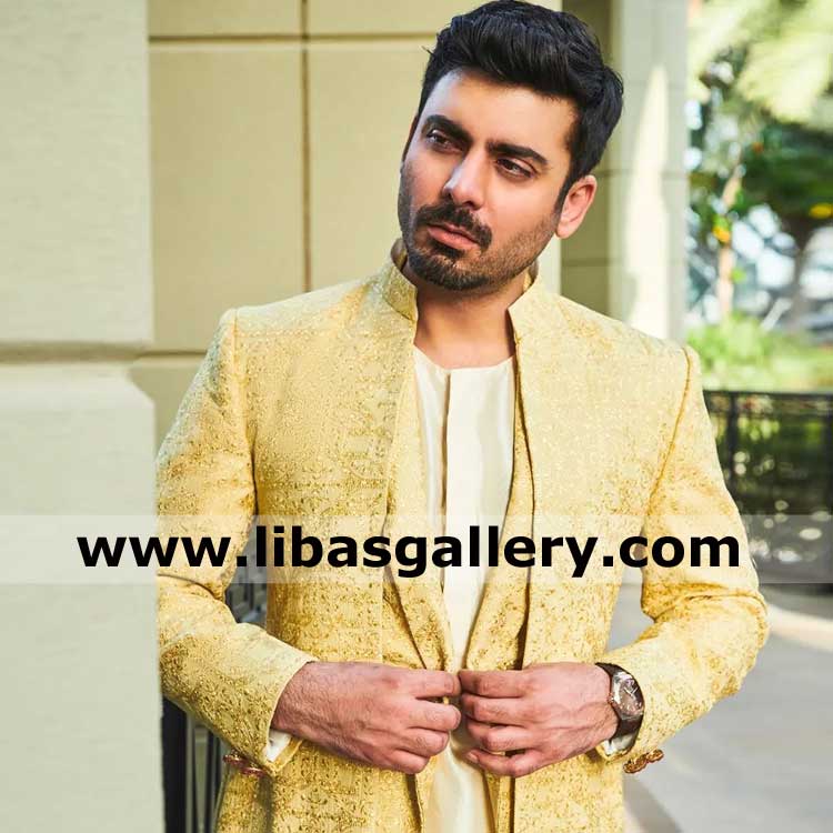 Islamic architecture inspired Avocado color luxury embroidered wedding prince jacket