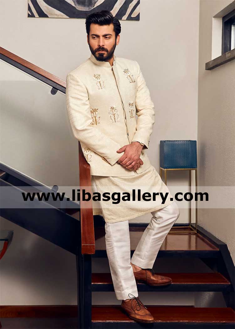 Ivory wedding groom prince suit with embroidered floral spray