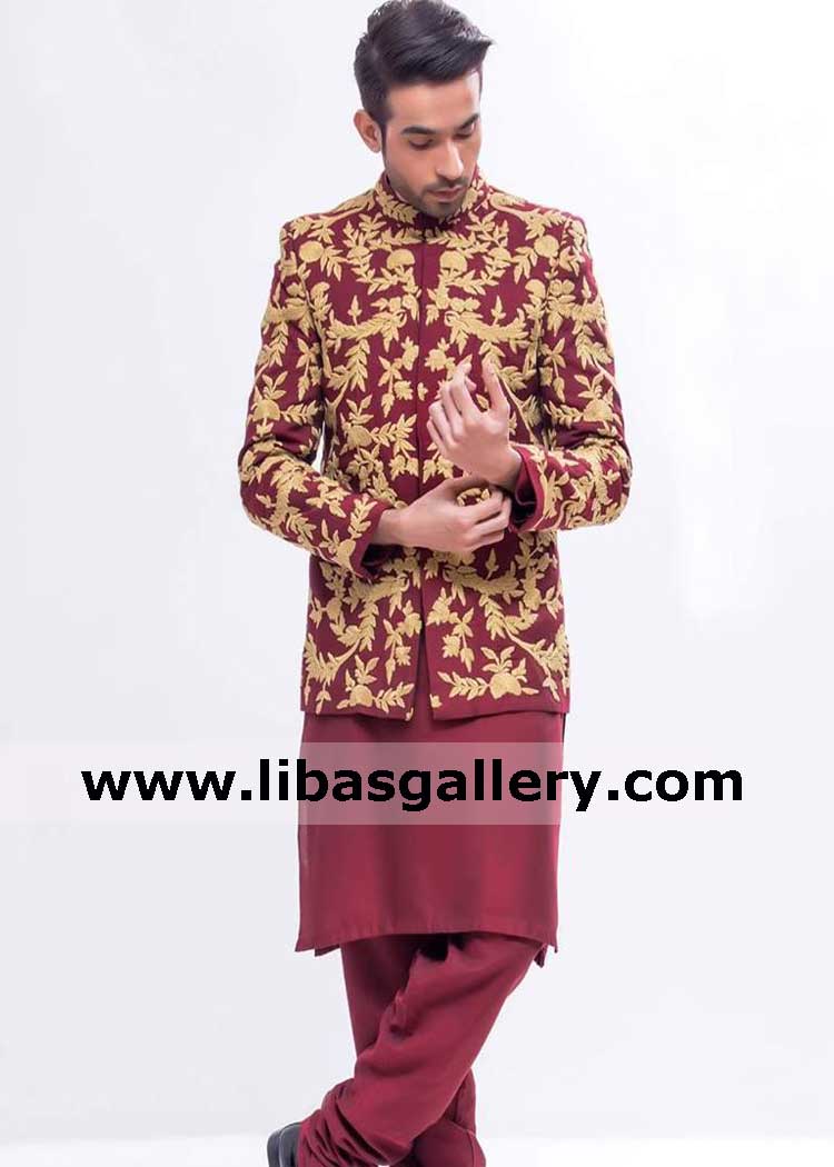 Maroon Gold wedding groom prince coat pants for nikah barat