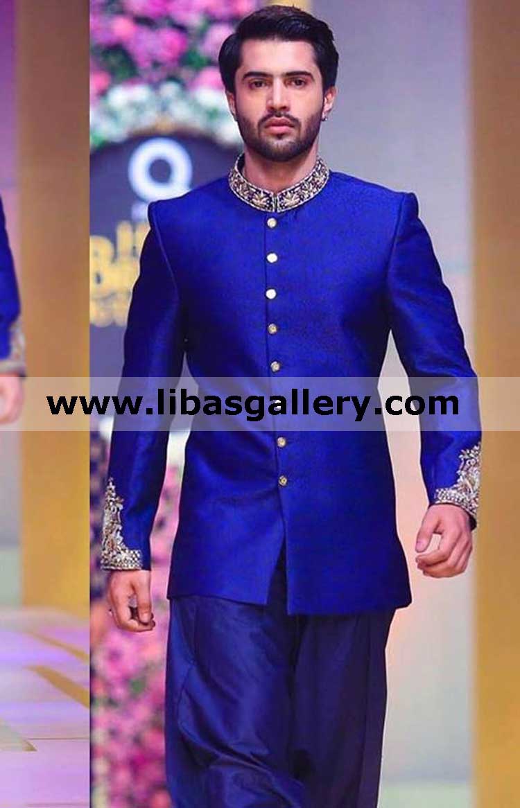 Royal blue jamawar groom prince coat hand embellished collar cuff kora dabka stones nikah barat jodhpuri suit south africa asia europe usa