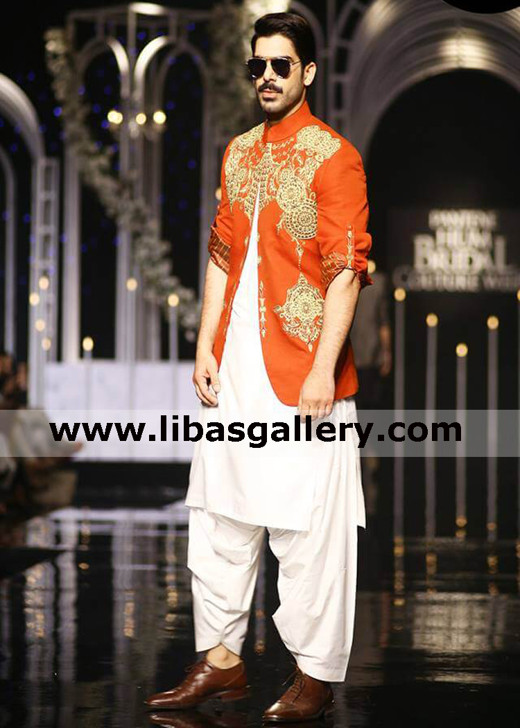 orange rust gold embellishment gents wedding prince coat