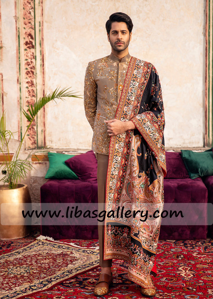 Thread work Bronze Prince coat for Groom Nikah 