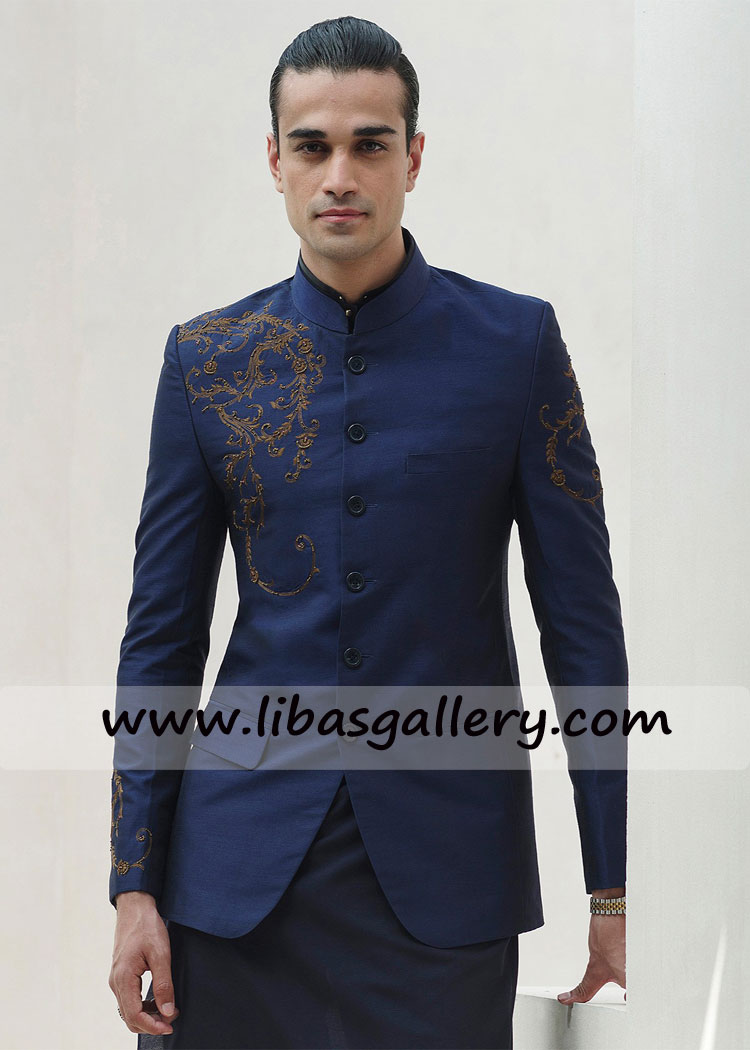 BLUE RAWSILK HAND EMBROIDERED Groom PRINCE COAT