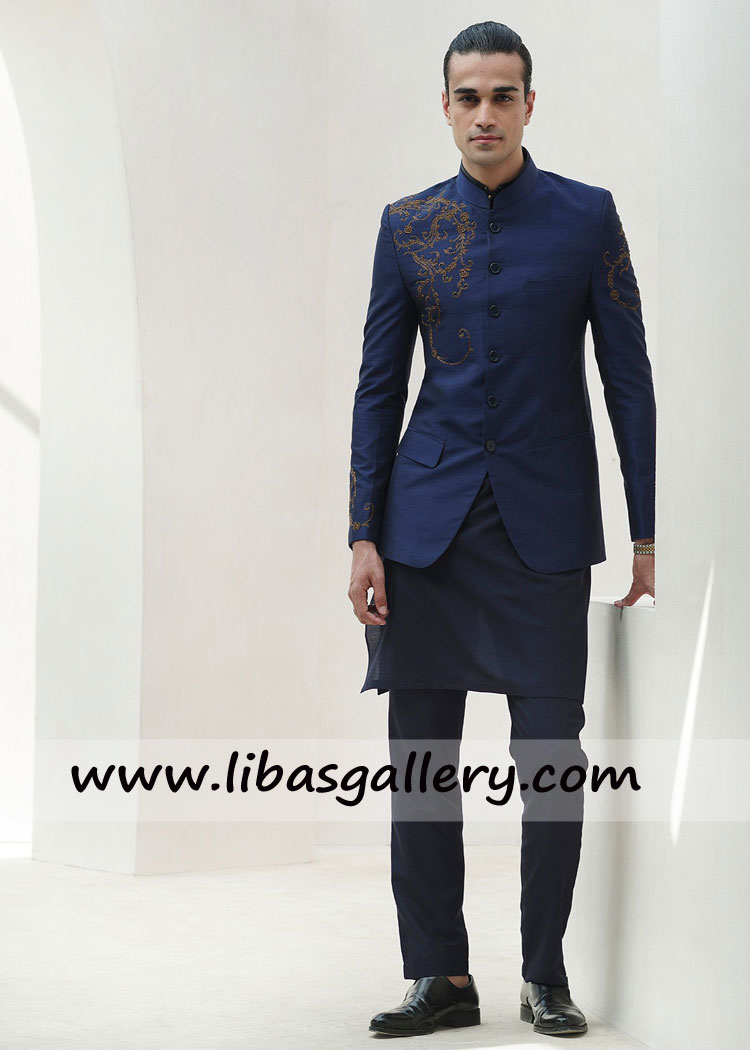 BLUE RAWSILK HAND EMBROIDERED Groom PRINCE COAT