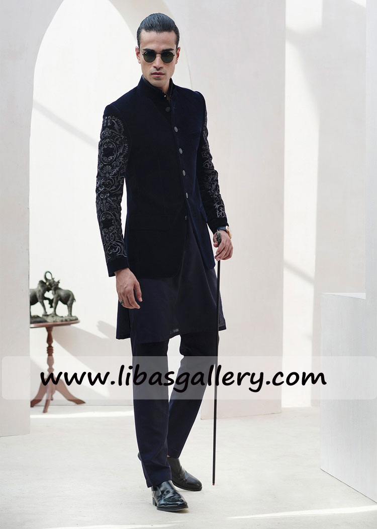 Navy blue velvet hats off embroidered prince coat